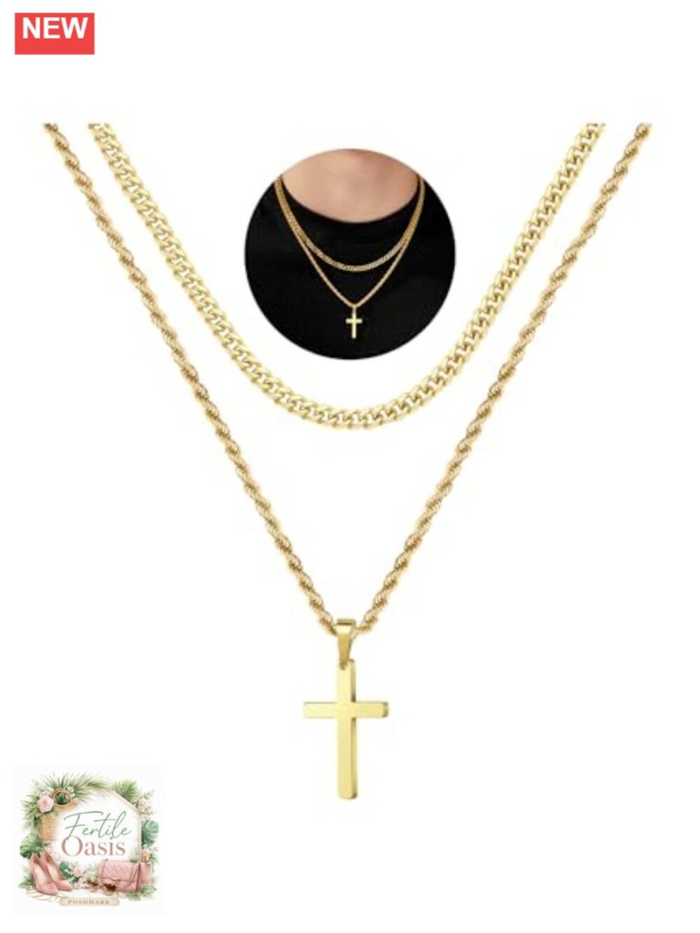 Mens Cross Necklace Stainless Steel 316L Gold Plated Religious Jewelry Gift